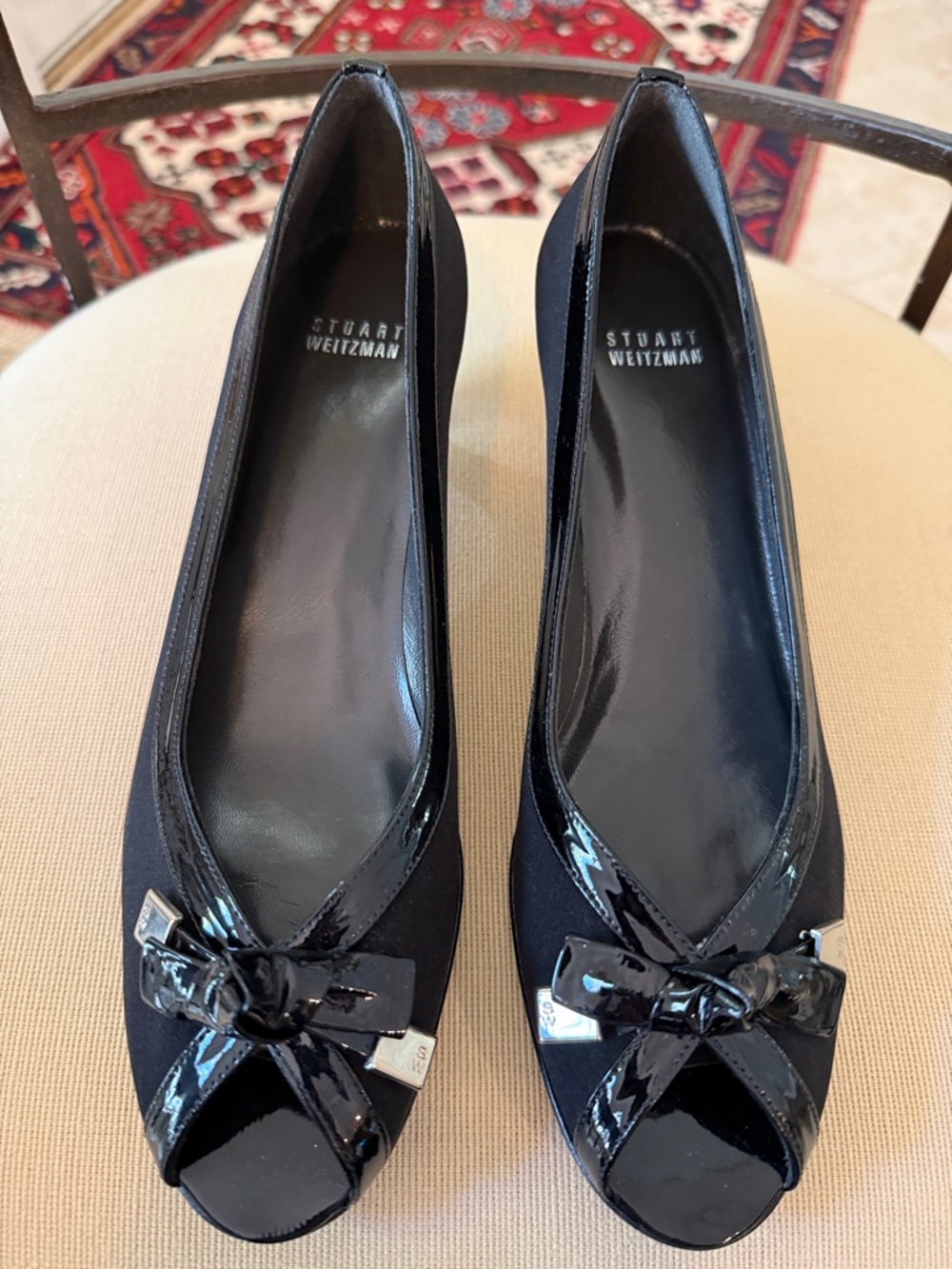 Stuart Weitzman Black Patent Bow Peep-Toe Heels
